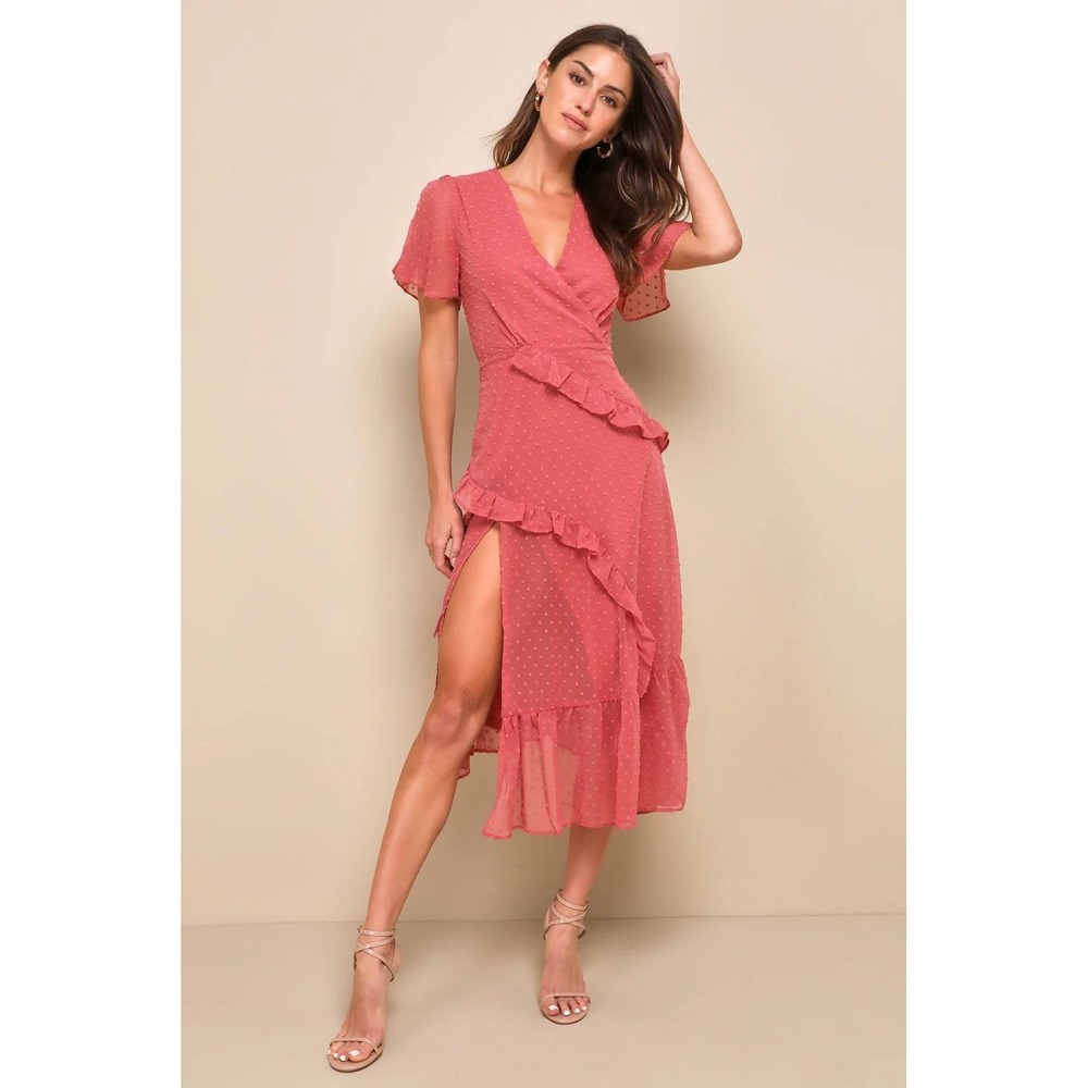 Lulus Next to You Rusty Rose Swiss Dot Ruffled Midi Dress Medium